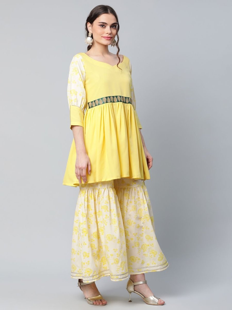 Ahalyaa Women Yellow Crepe Floral Short Kurta with Sharara Set | Grocsy