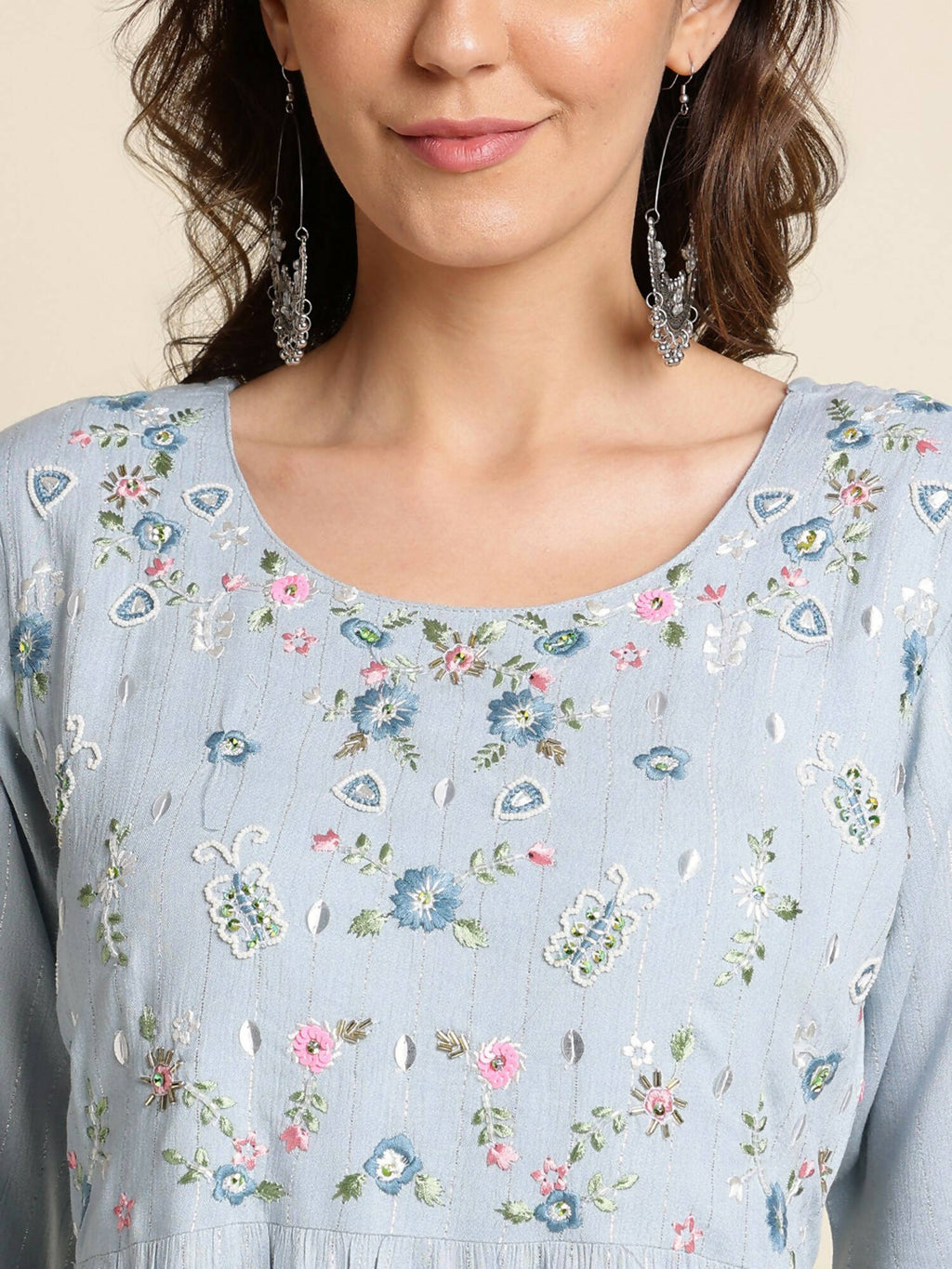 Sky Blue Chinon Floral Embroidered Dress - Nandani | Grocsy