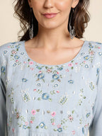 Sky Blue Chinon Floral Embroidered Dress - Nandani | Grocsy