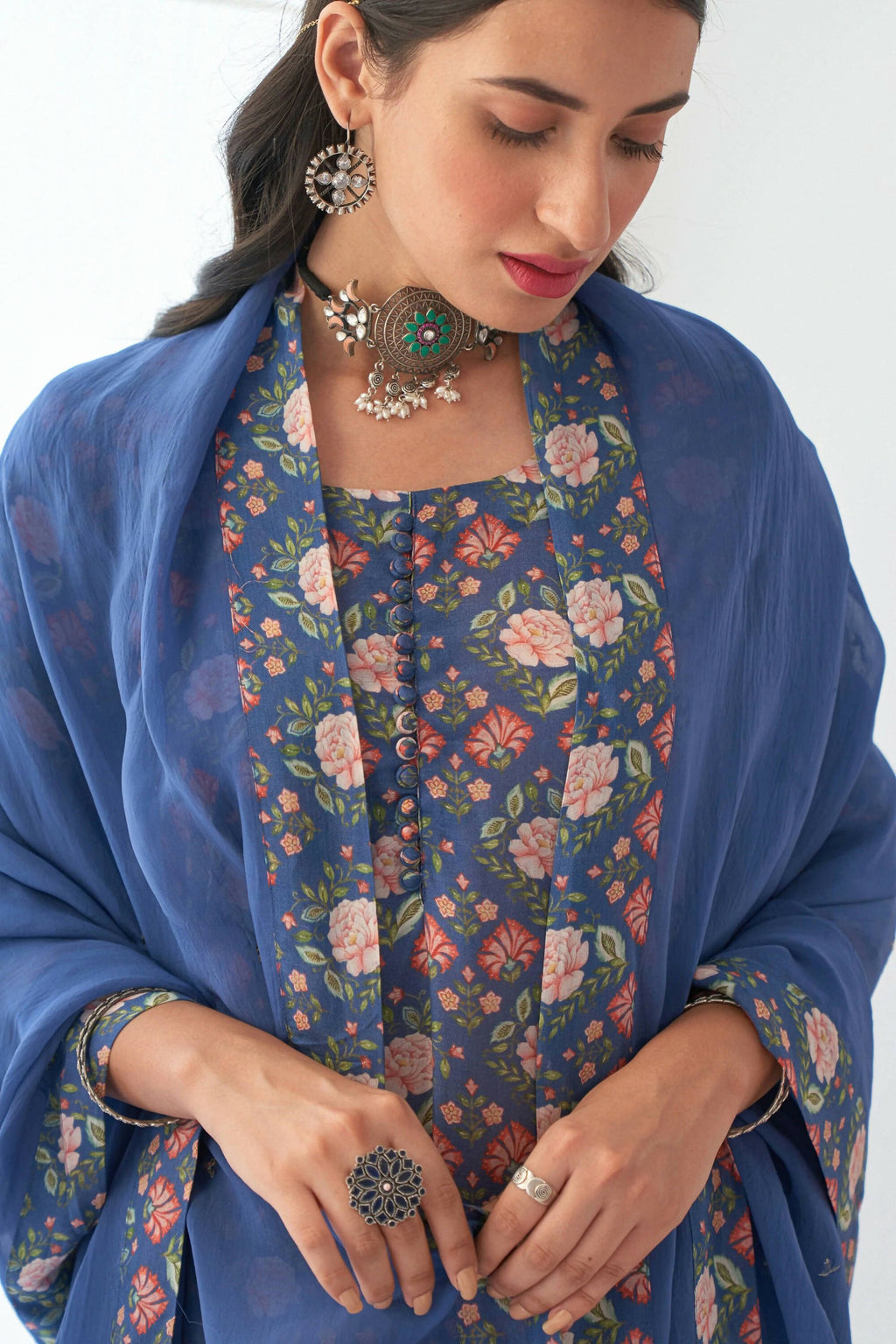 Designer Stylish Blue Muslin Stitched Suit With Dupatta - Anbazaar | Grocsy