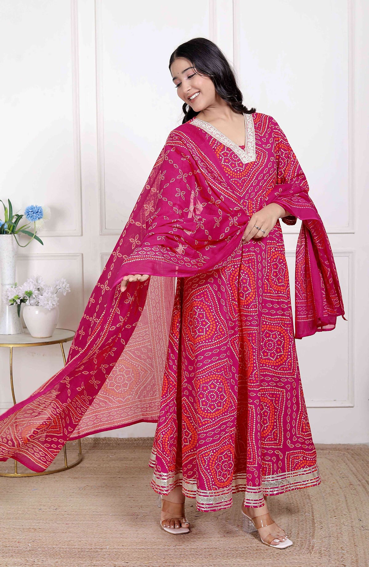 Miravan Women's Bandhani Ethnic Anarkali Kurta and Dupatta | Grocsy