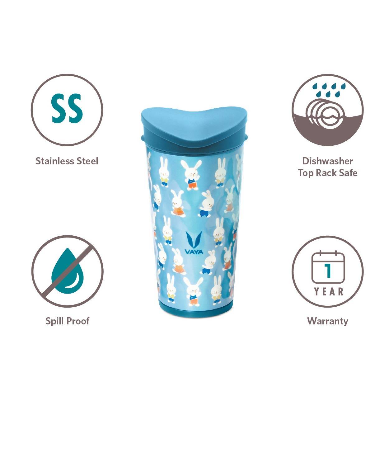 Vaya Drynk Stainless Steel Strawless Silicone Bunnies Print Spout Tumbler With Spill-Proof Pediasafe Lid - 350ml (Blue) | Grocsy