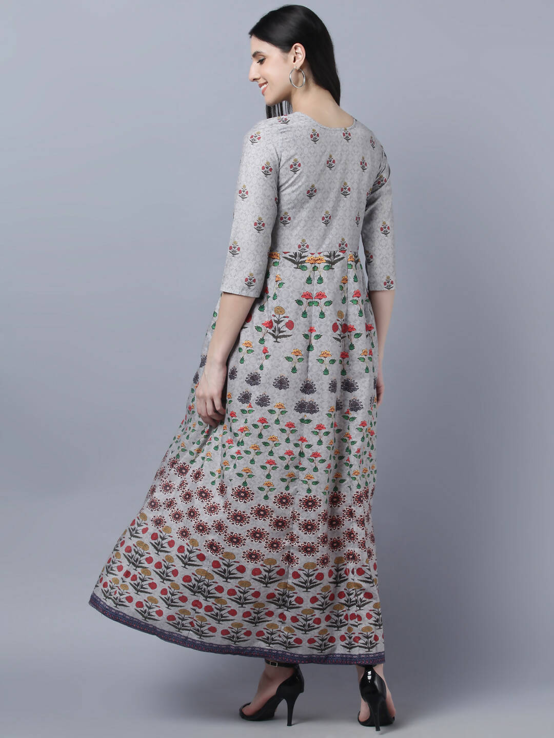 Myshka Women Grey Printed Ethnic Maxi Dress | Grocsy