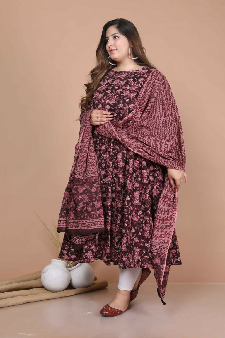 Miravan Women's Plus Size Stunning Maroon Bell Sleeve Floral Printed Anarkali Kurta Dupatta | Grocsy
