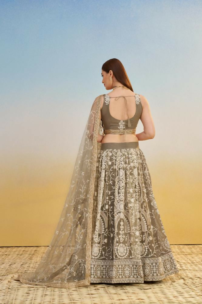 Aastha Fashion Ivory Butterfly Net White Cotton Thread Work And Sequence Work Embroidery Wedding Wear Lehenga Choli | Grocsy