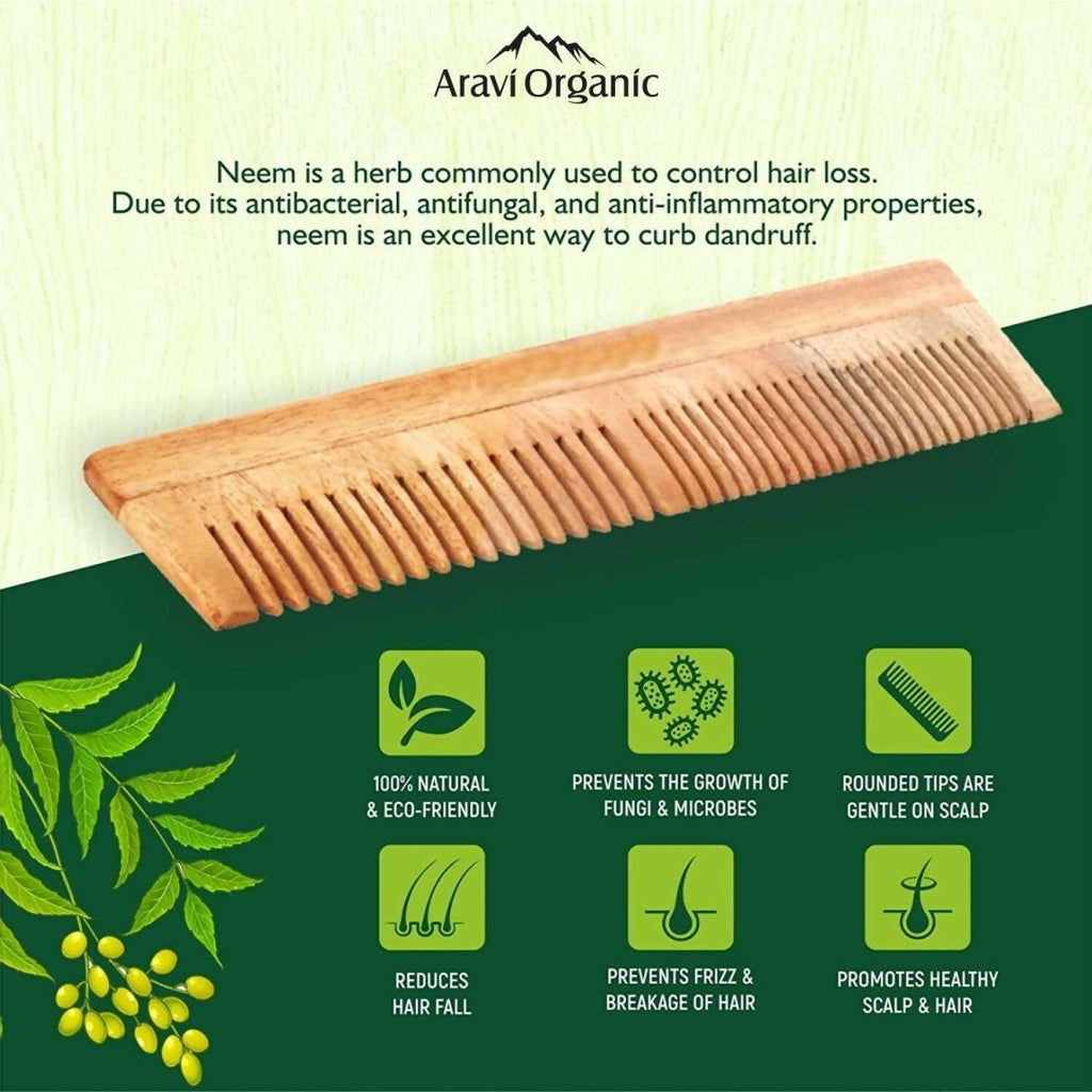 Aravi Organic Neem Wood Comb Fine and Wide Tooth | Grocsy