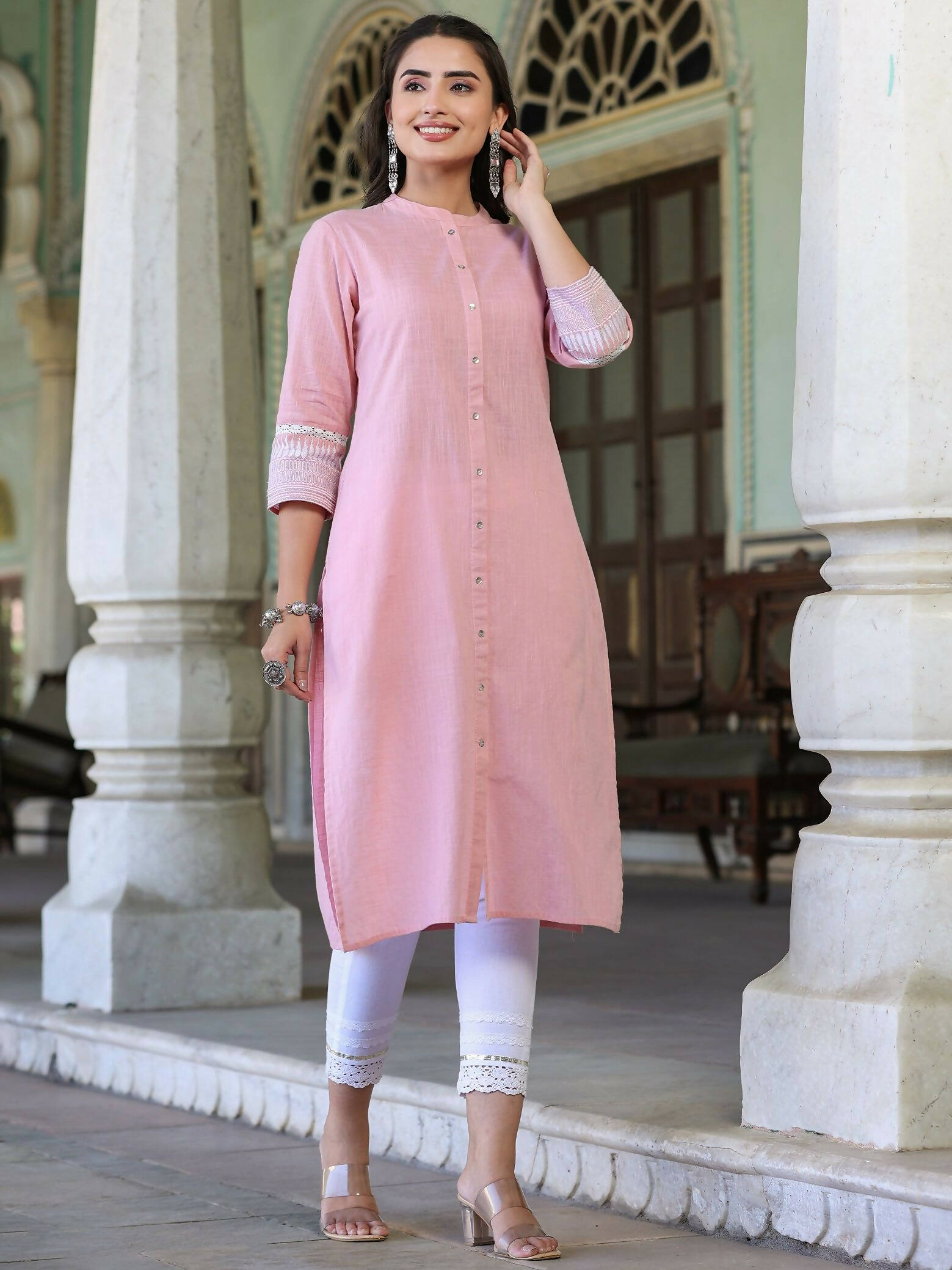 Juniper Women's Pink Cotton Slub Embroidered Straight Kurta | Grocsy