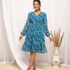 FIORRA Women's Navy Blue Georgette Floral Printed Western Dress | Grocsy