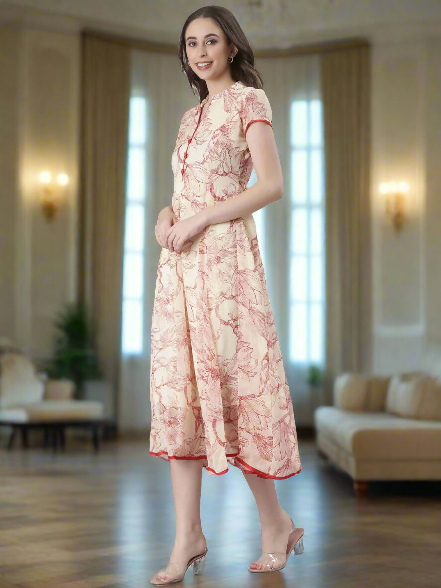 Souchii Floral Tiered Midi Dress For Women – Elegant Beige Button-Front A-Line | Grocsy