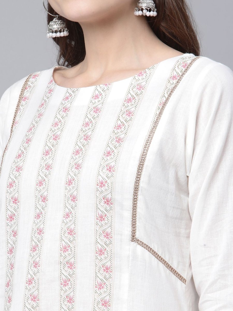 Ahalyaa Women's Off white Pure Cotton Printed Asymmetric Kurta Palazzo Set | Grocsy
