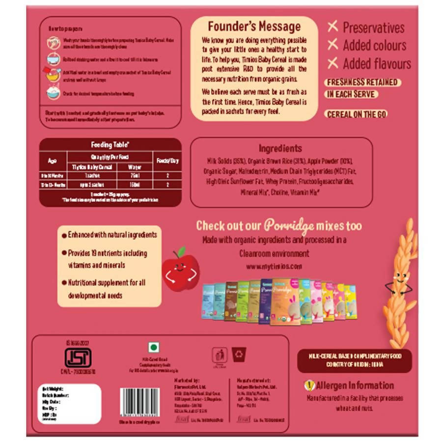 Timios Organic Rice Apple Baby Cereal | Grocsy