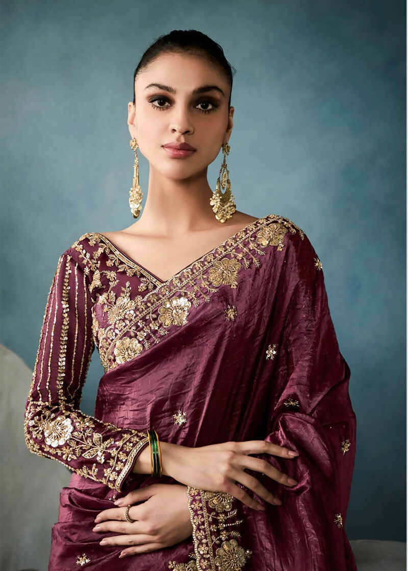 Monjolika Fashion Wine Tissue Embroidered Sequins And Zari Work Saree | Grocsy