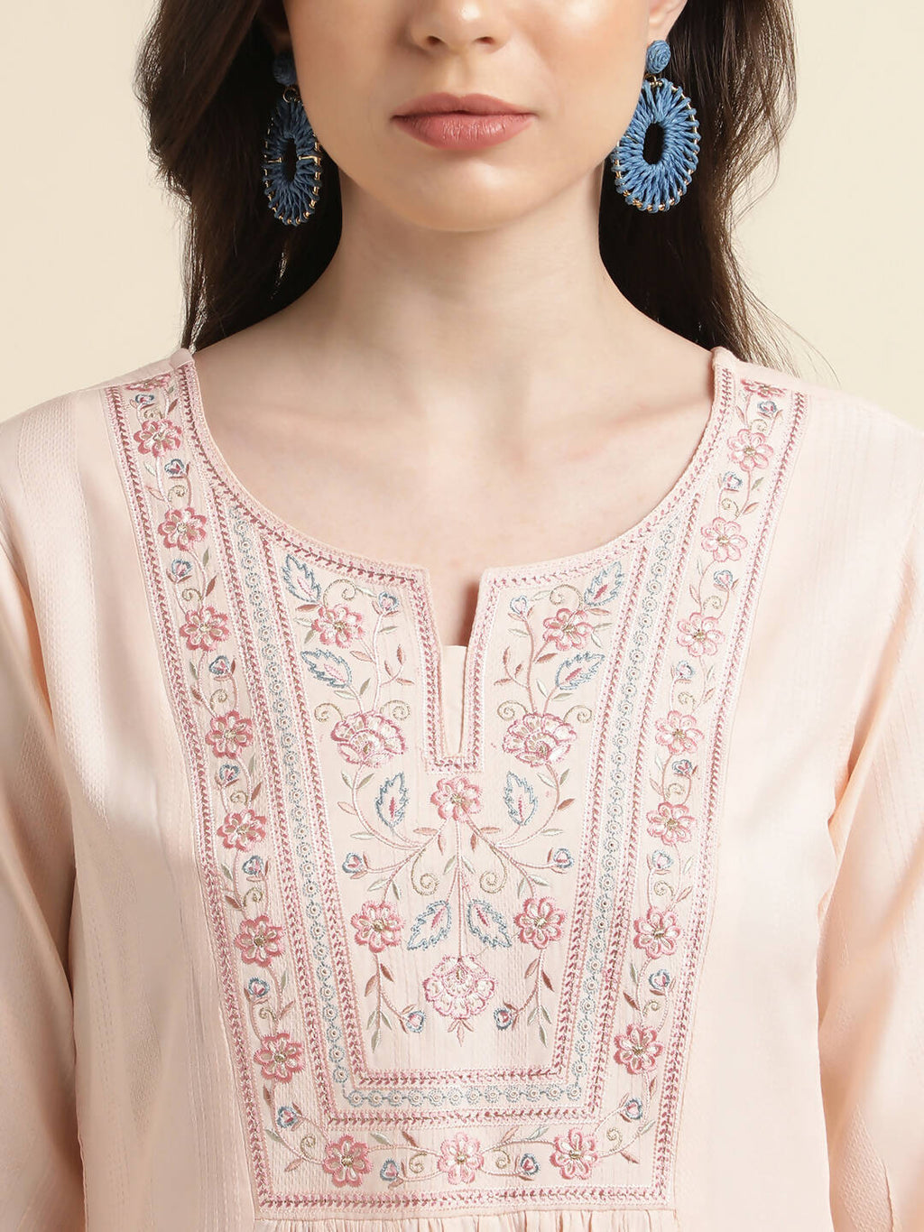 Peach Viscose Rayon Yoke Embroidered A-line Top - Tarini | Grocsy