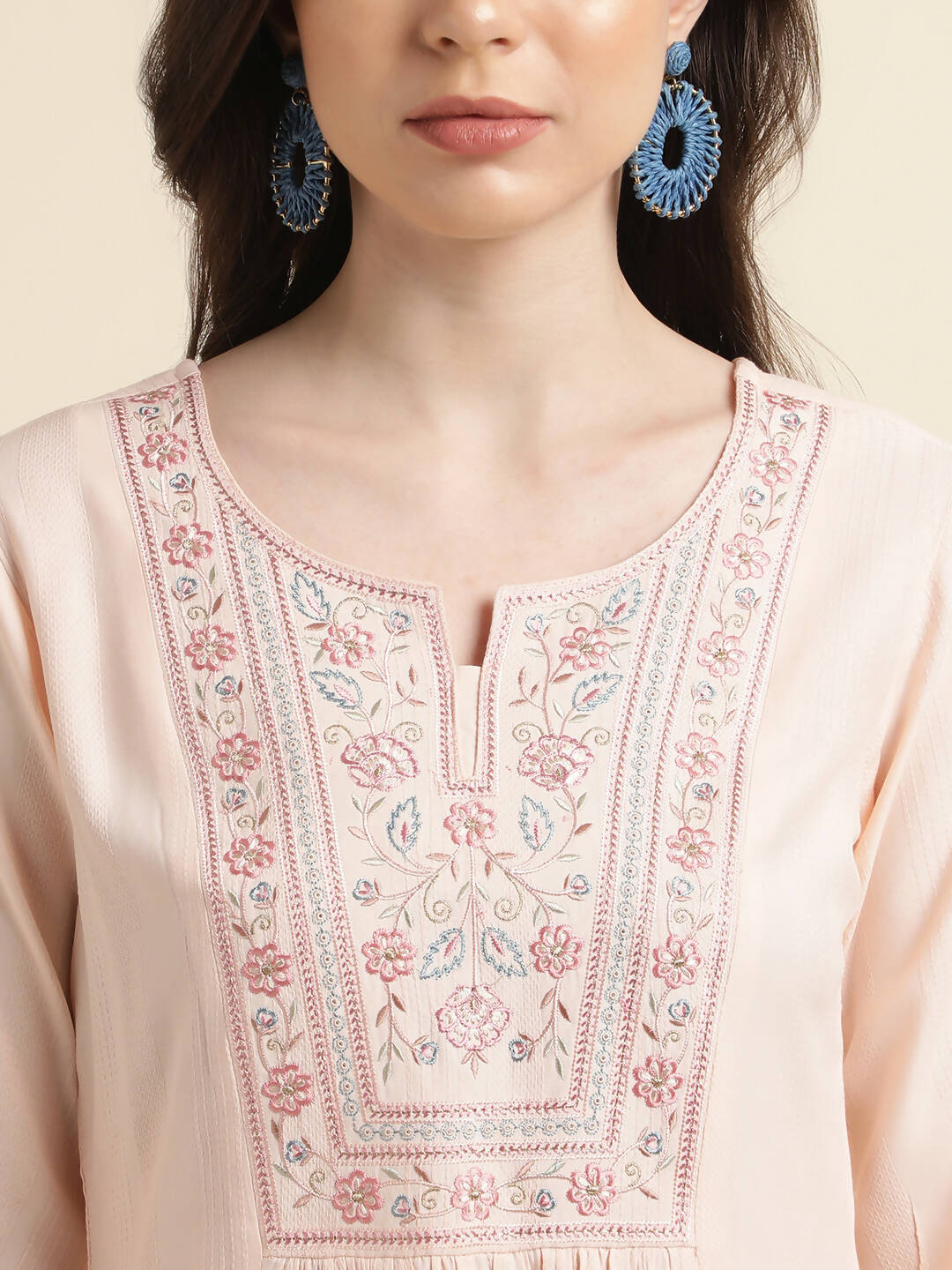 Peach Viscose Rayon Yoke Embroidered A-line Top - Tarini | Grocsy