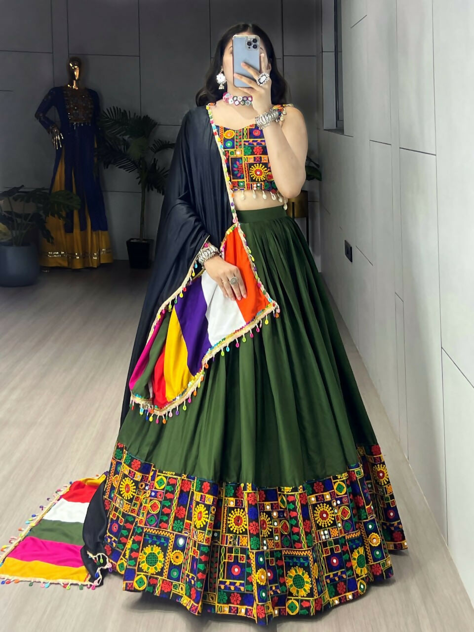 Yash Enterprise Mehndi Rayon Cotton Embroidery Semi Stitched Navratri Chaniya Choli | Grocsy