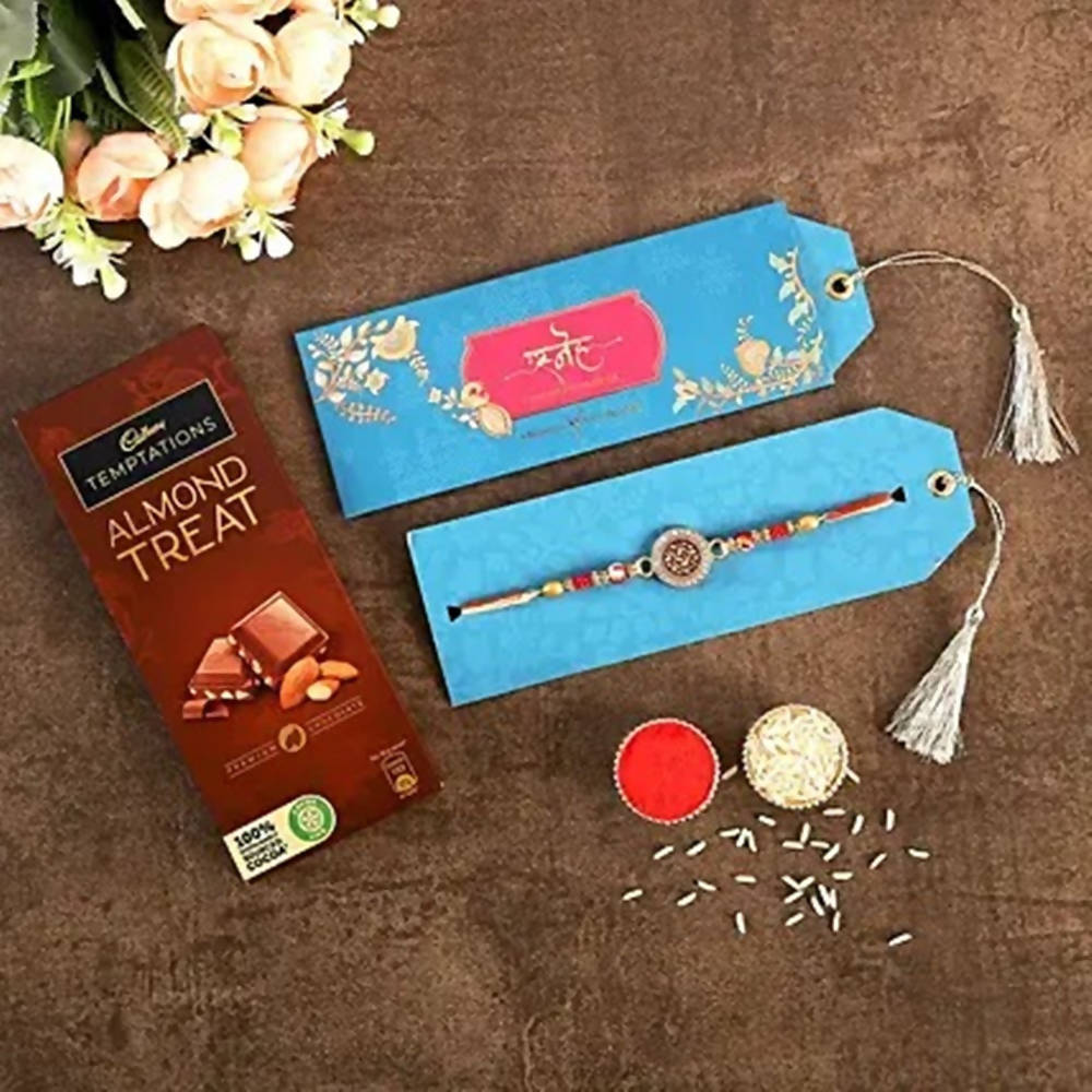 Meenakari Work Rakhi & Almond Treat Chocolate | Grocsy