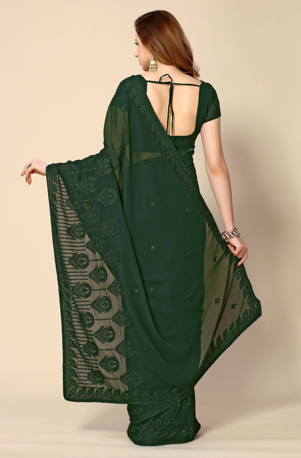 Green Georgette Embroidered and Stone Work Saree with Unstitched Blouse Piece - Roozal | Grocsy