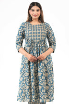 Aramya Blue Soft Cotton Gold foil A-line Kurta for Women | Grocsy