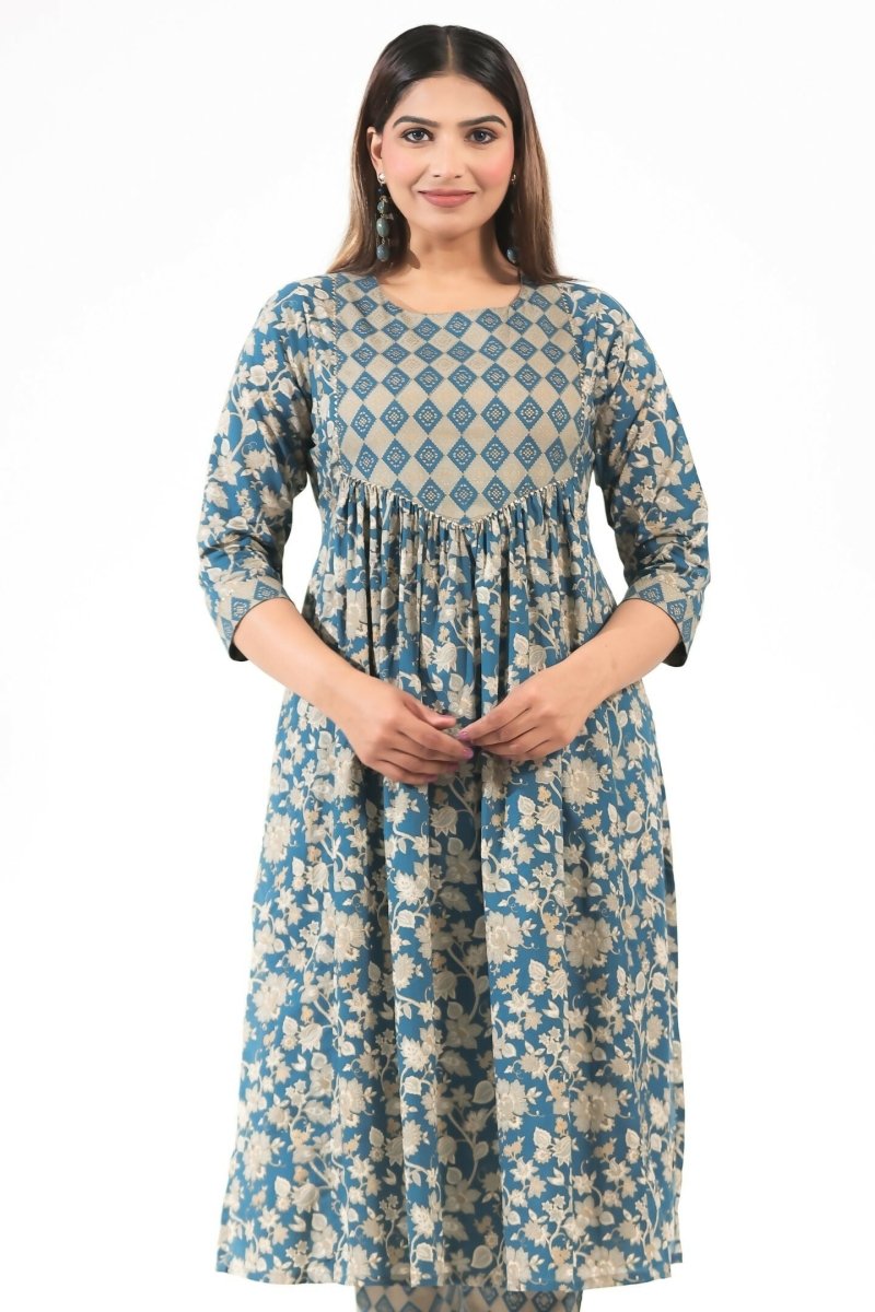 Aramya Blue Soft Cotton Gold foil A-line Kurta for Women | Grocsy