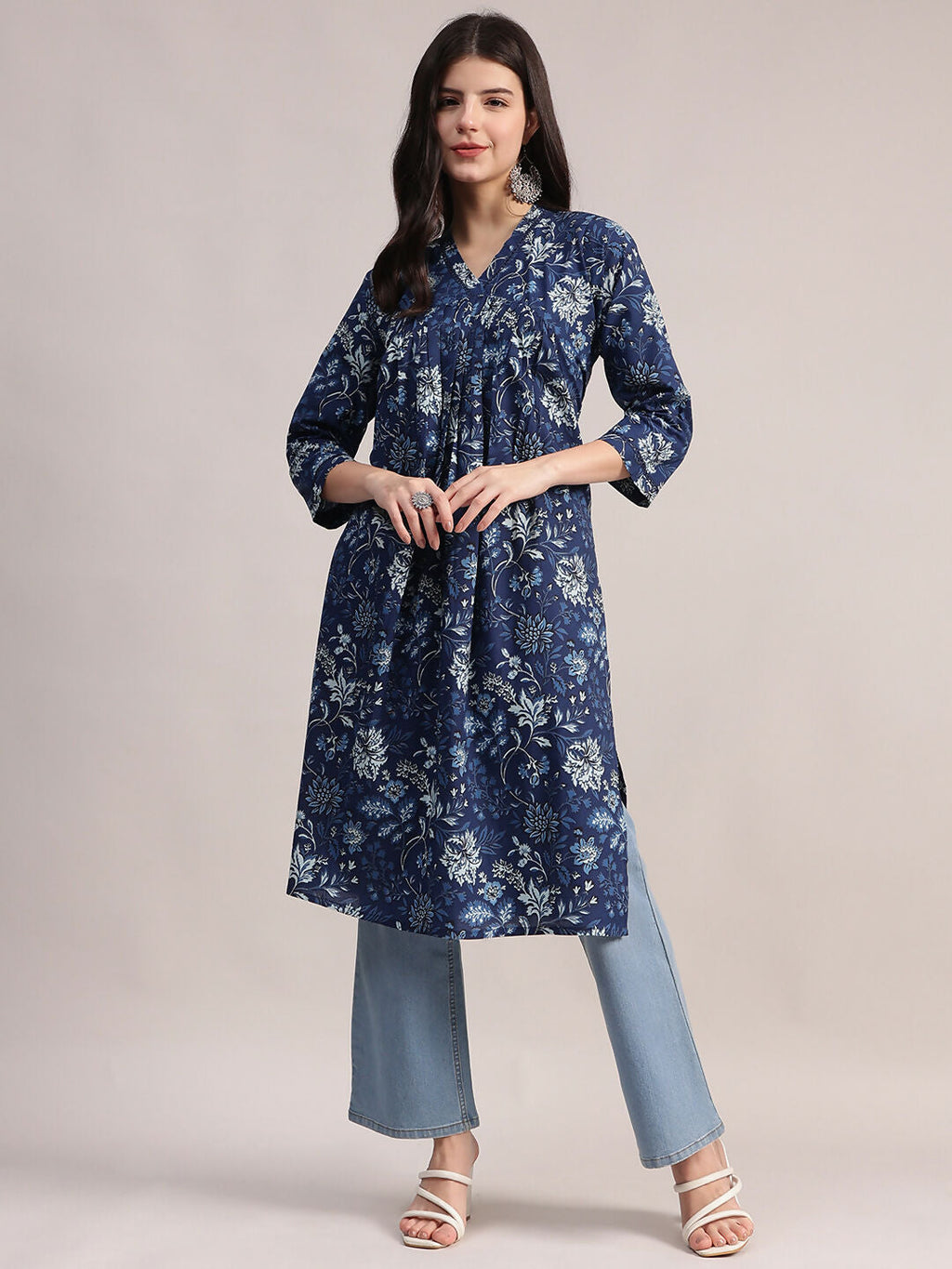 Aavyora Women's Navy Blue Floral Printed Cotton A-Line Kurta with Pintuck Detailing | Grocsy