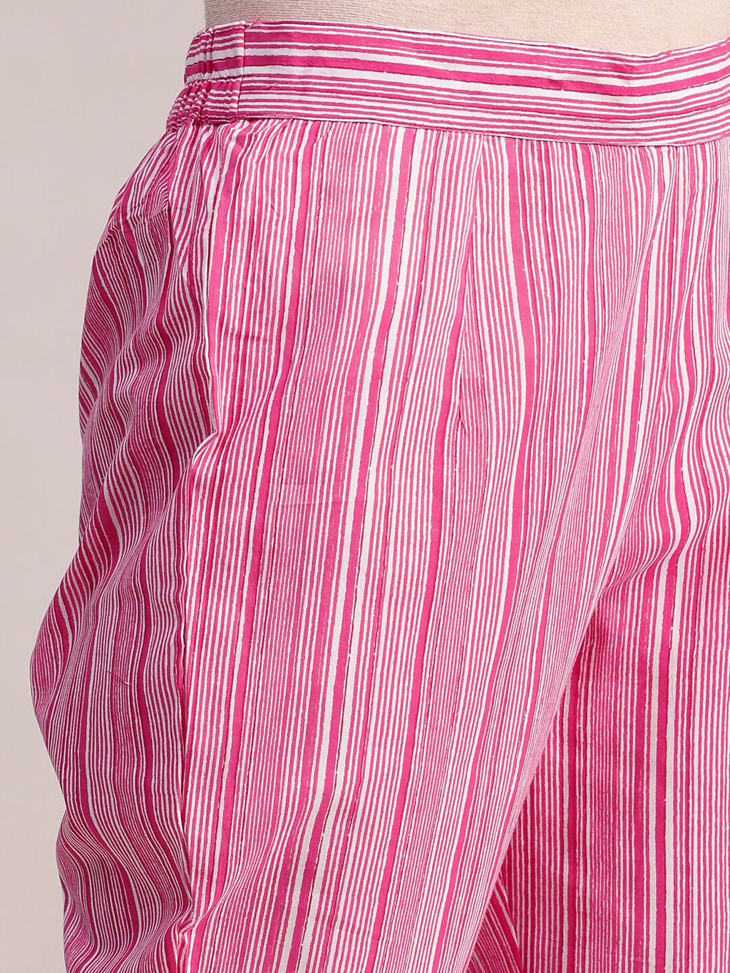 Aavyora Women's Pink Floral Print Cotton A-Line Kurta with Striped Trouser & Dupatta | Grocsy