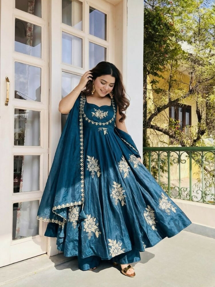 Teeya Creation New Womens Trendy Embroidery Sequence Work Blue Kurta Set | Grocsy