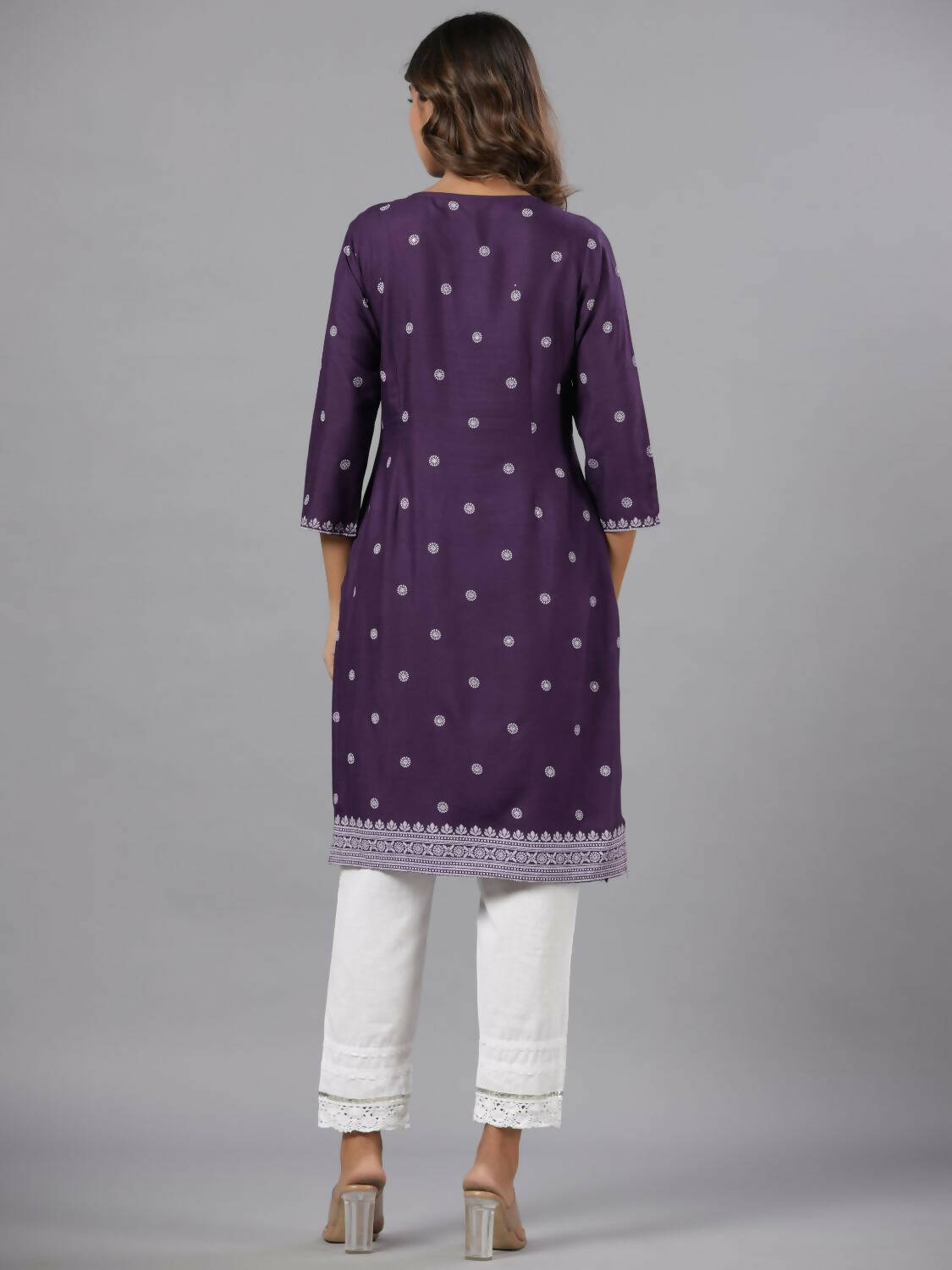Juniper Women Purple Rayon Printed Knee Length Straight Kurta | Grocsy