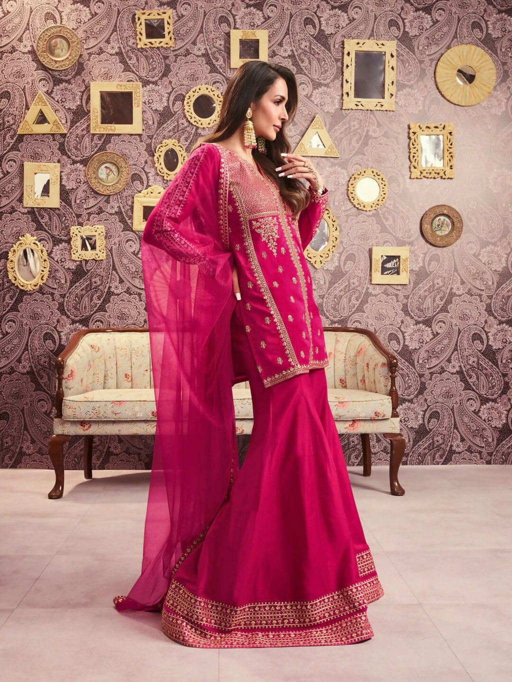 The52 Women's Beautiful Embroidery Work Chanderi Silk Fabric Straight Kurta Palazzo and Dupatta Set-Rani | Grocsy