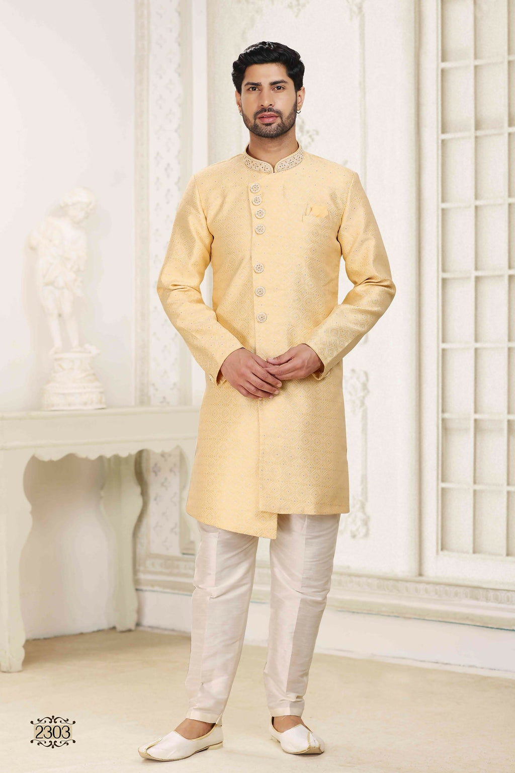 Raivat Ethnic Banarasi Jacquard Embroidery Semi Indo Western Sherwani In Yellow Colour | Grocsy