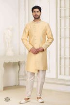 Raivat Ethnic Banarasi Jacquard Embroidery Semi Indo Western Sherwani In Yellow Colour | Grocsy