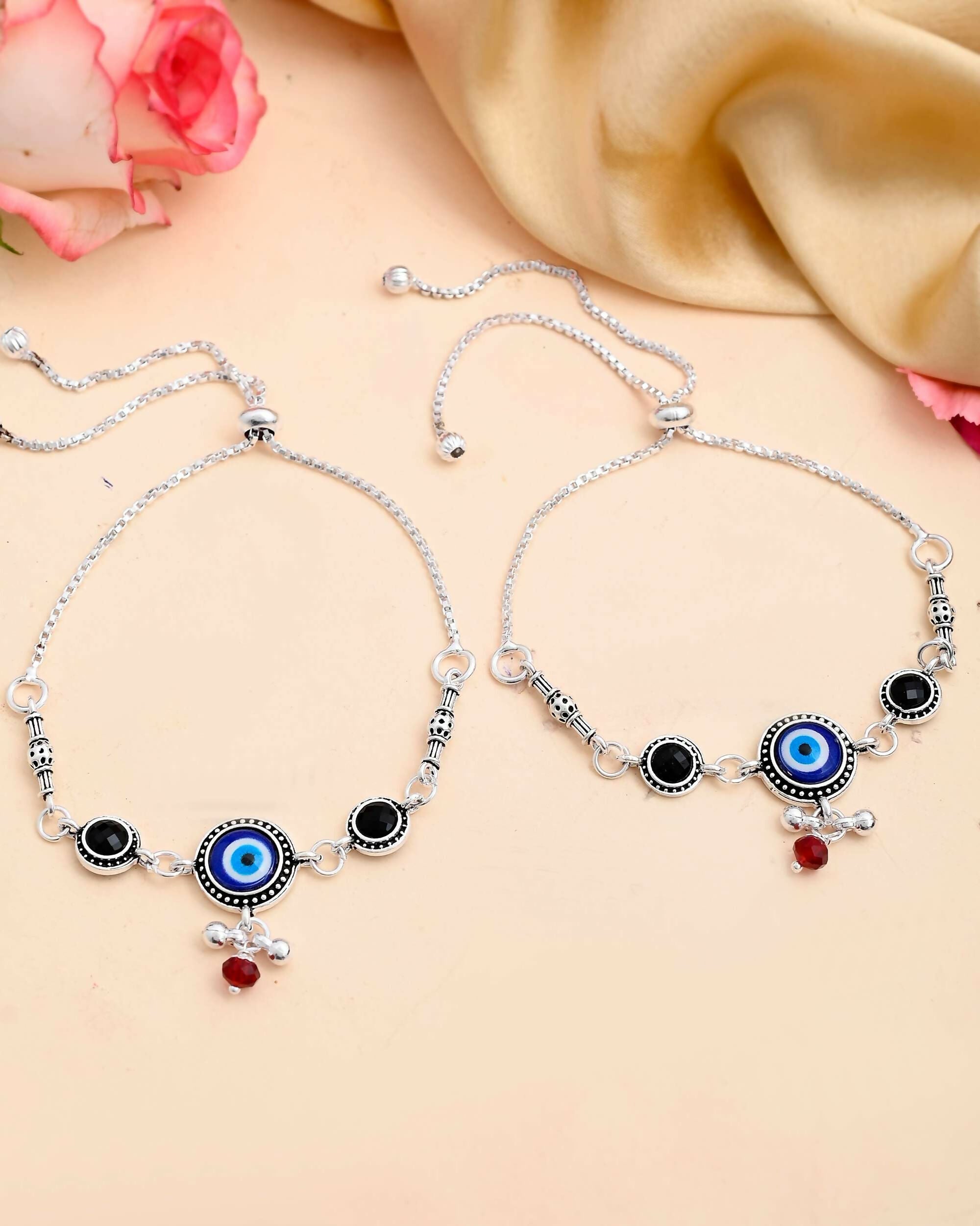 VOJ Set of 2 Silver Plated Evil Eye HandCrafted Adjustable Anklet | Grocsy