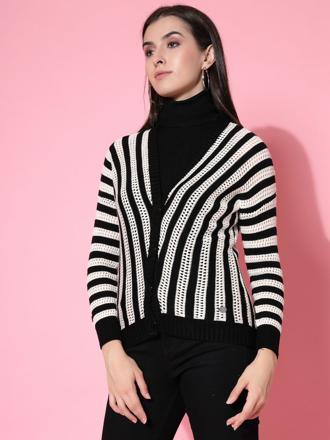 Women Black Acrylic Stripe Cardigan - Wool Trees | Grocsy