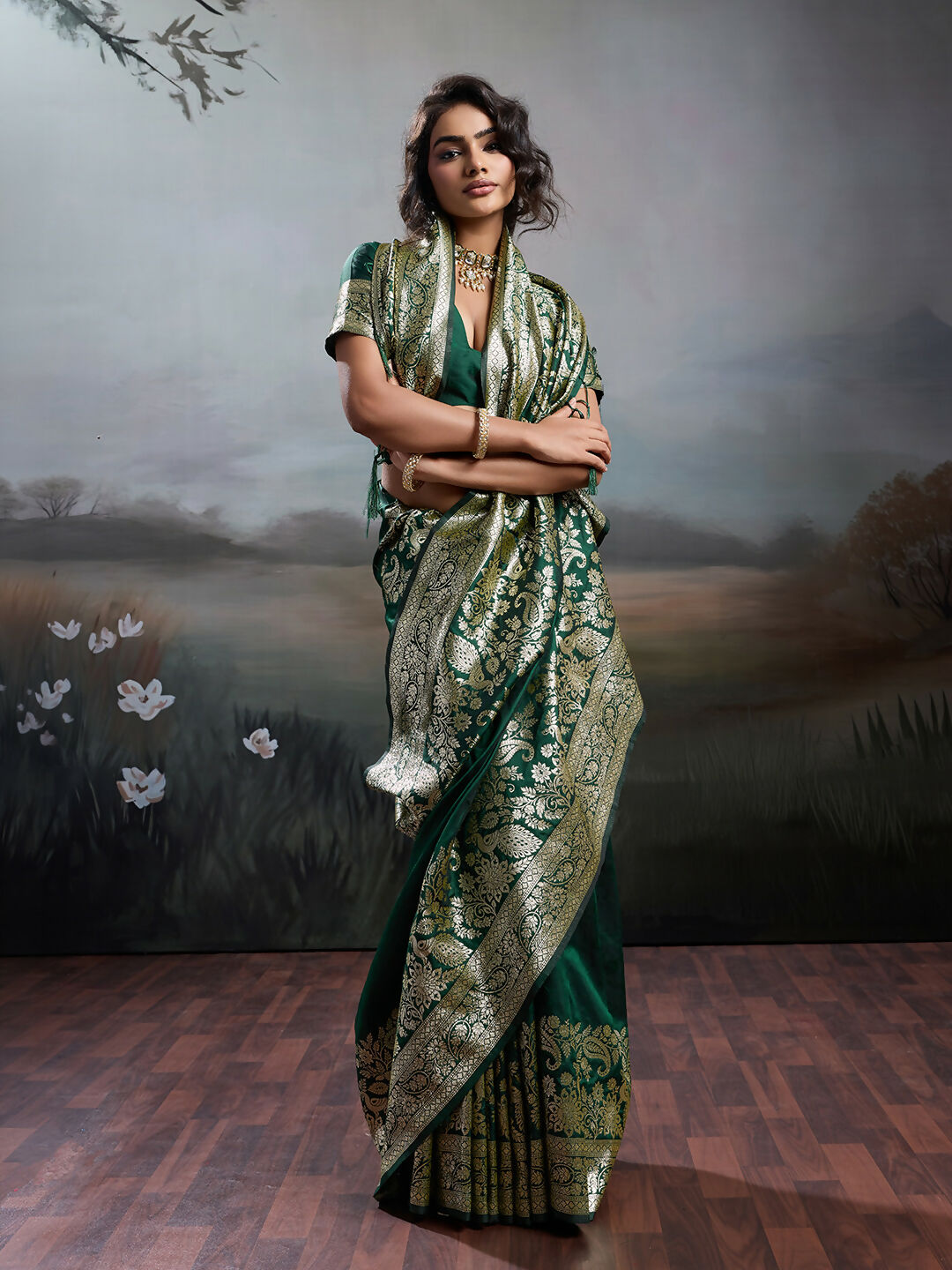 Shree Shyam Fashion Dark Green Silk Blend Saree | Grocsy