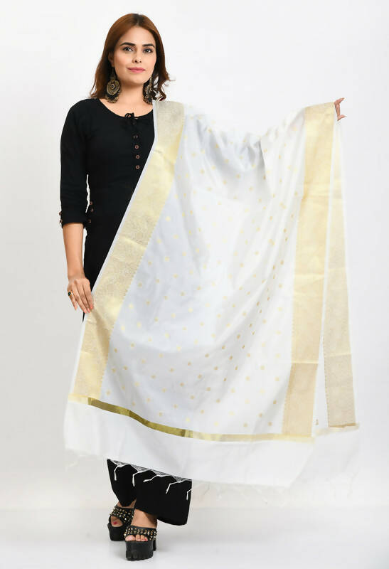 Mominos Fashion Moeza Women's Banarsi Silk Woven Design White Dupatta | Grocsy