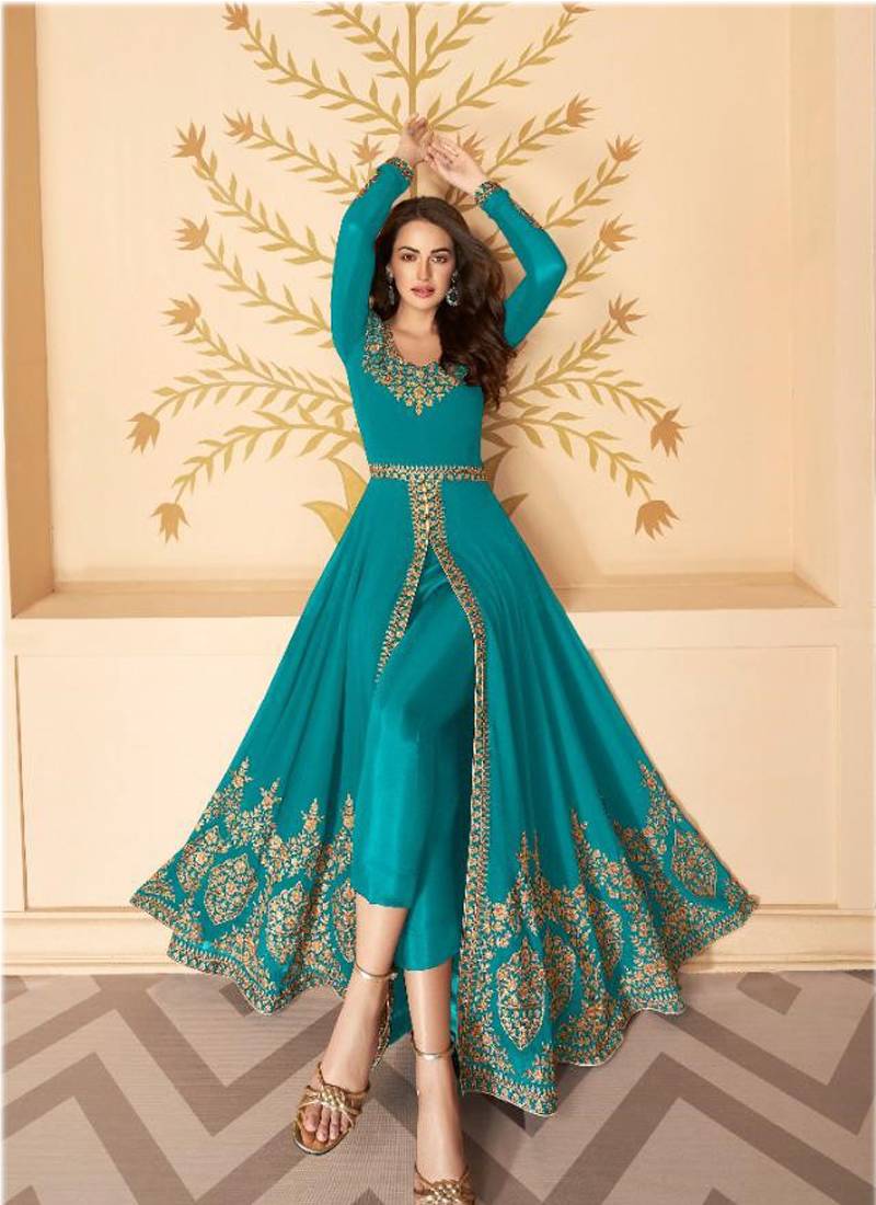 Vegaa Fashion Sea Blue Georgette Embroidered Anarkali Suit | Grocsy