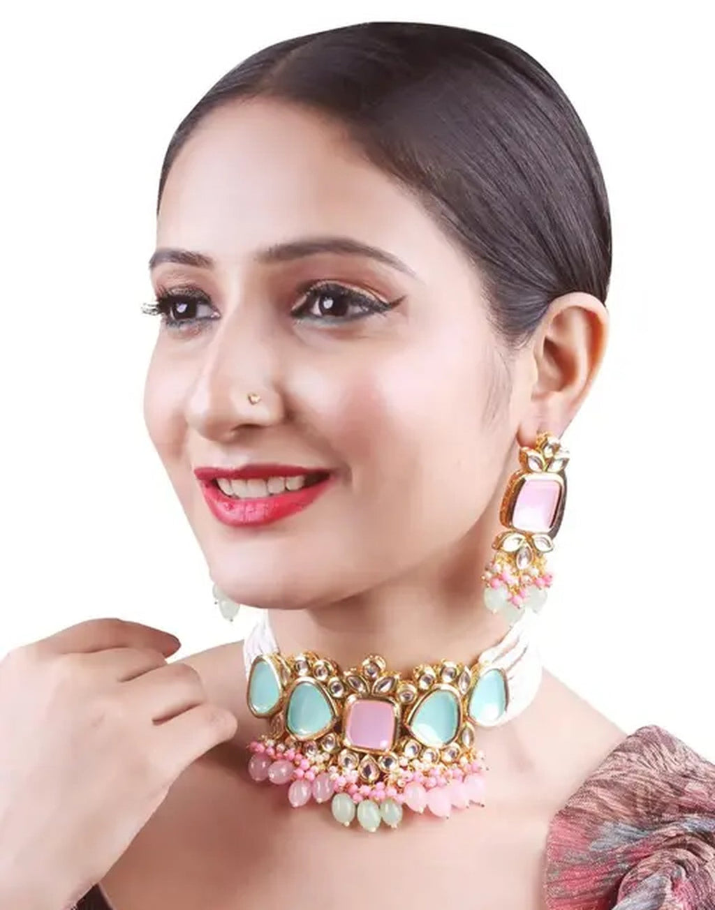 Jewel City Elegant Multi Gold Indian Kundan Choker Necklace and Earring Set | Grocsy