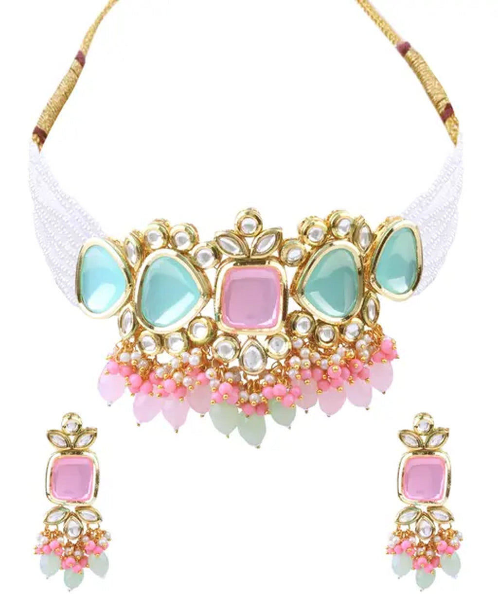 Jewel City Elegant Multi Gold Indian Kundan Choker Necklace and Earring Set | Grocsy
