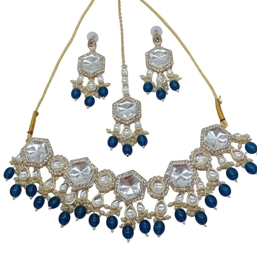 Jewel City Elegant Kundan-Style Blue and White Necklace, Earrings, and Tikka Set | Grocsy