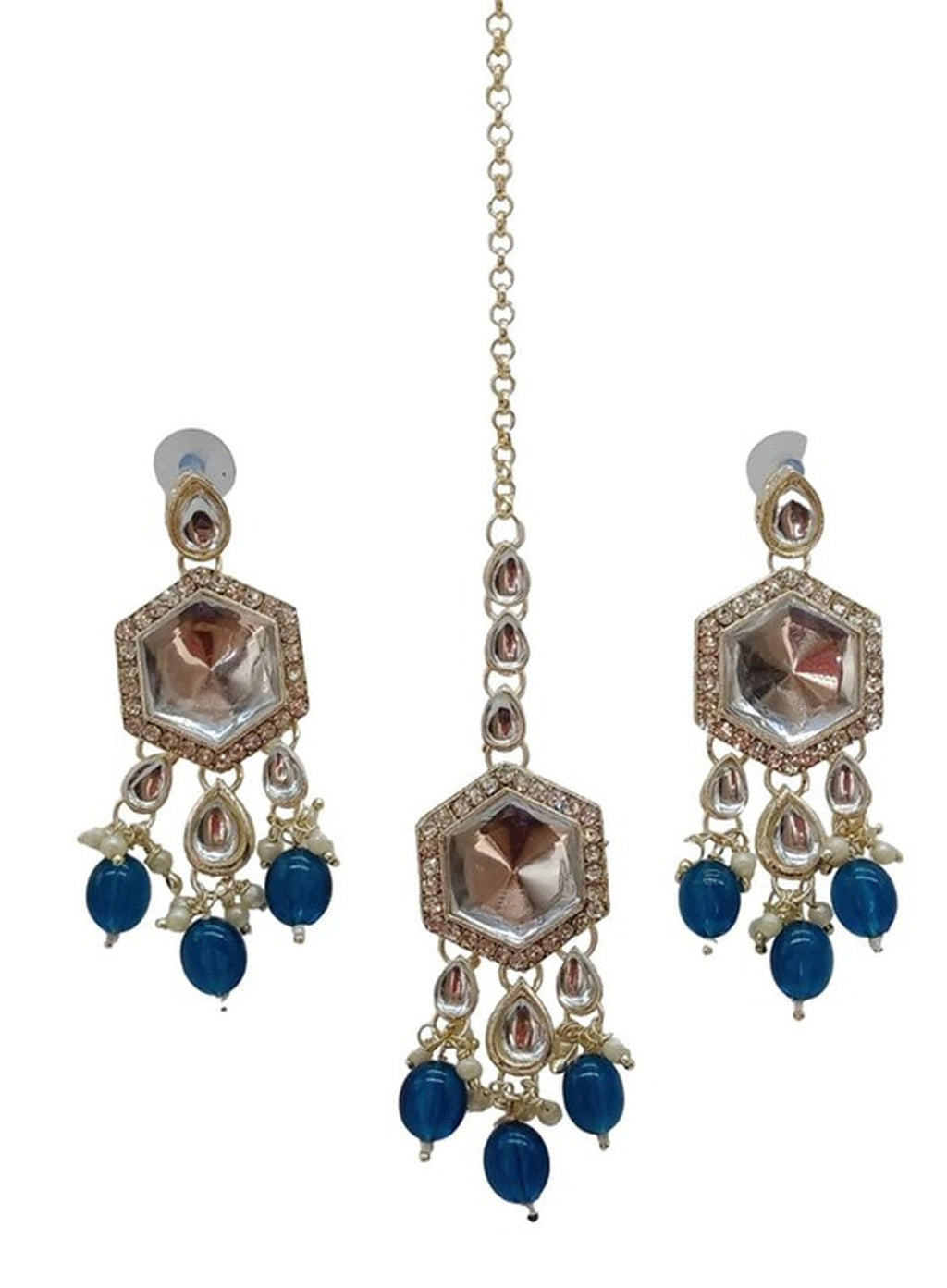 Jewel City Elegant Kundan-Style Blue and White Necklace, Earrings, and Tikka Set | Grocsy