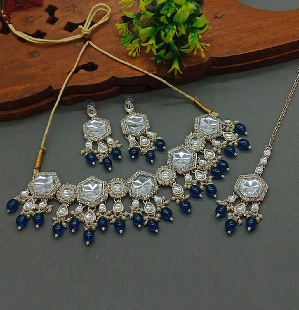 Jewel City Elegant Kundan-Style Blue and White Necklace, Earrings, and Tikka Set | Grocsy