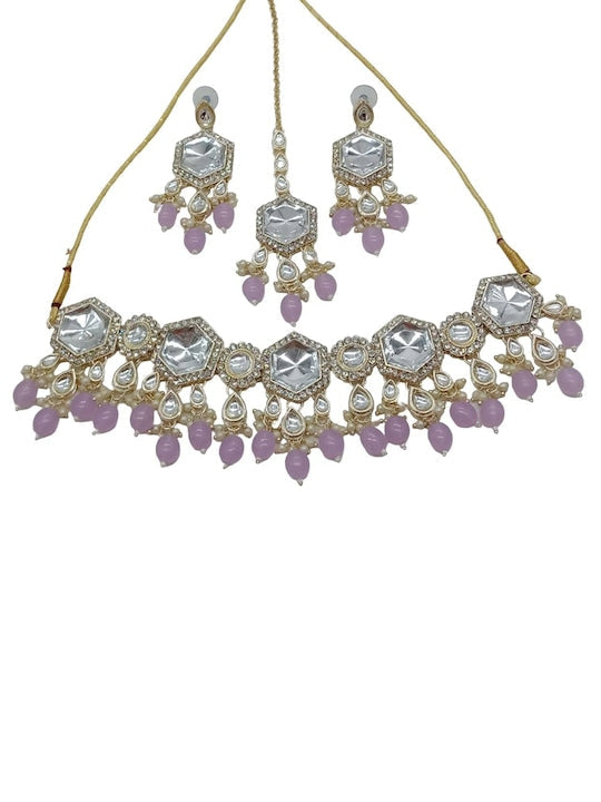 Jewel City Elegant Kundan-Style Purple and White Necklace, Earrings, and Tikka Set | Grocsy