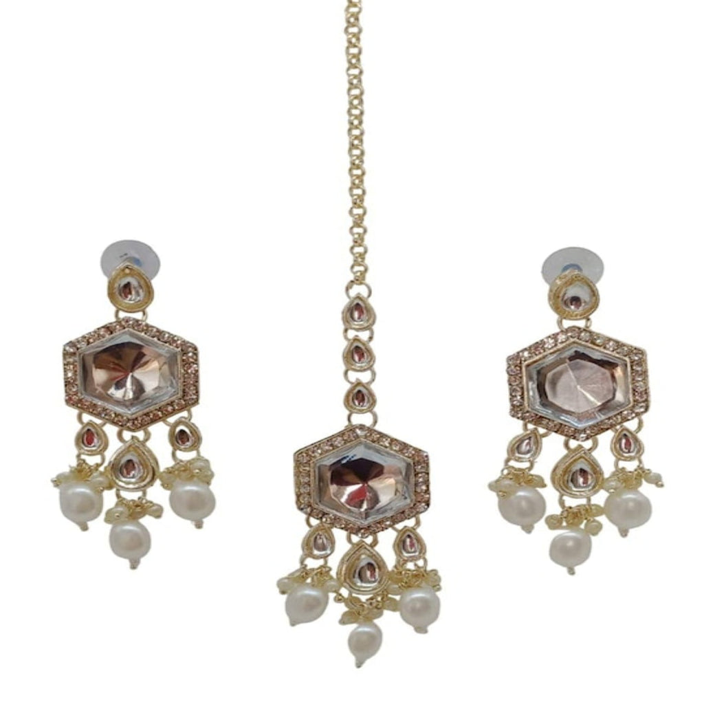 Jewel City Elegant Kundan-Style White and White Necklace, Earrings, and Tikka Set | Grocsy
