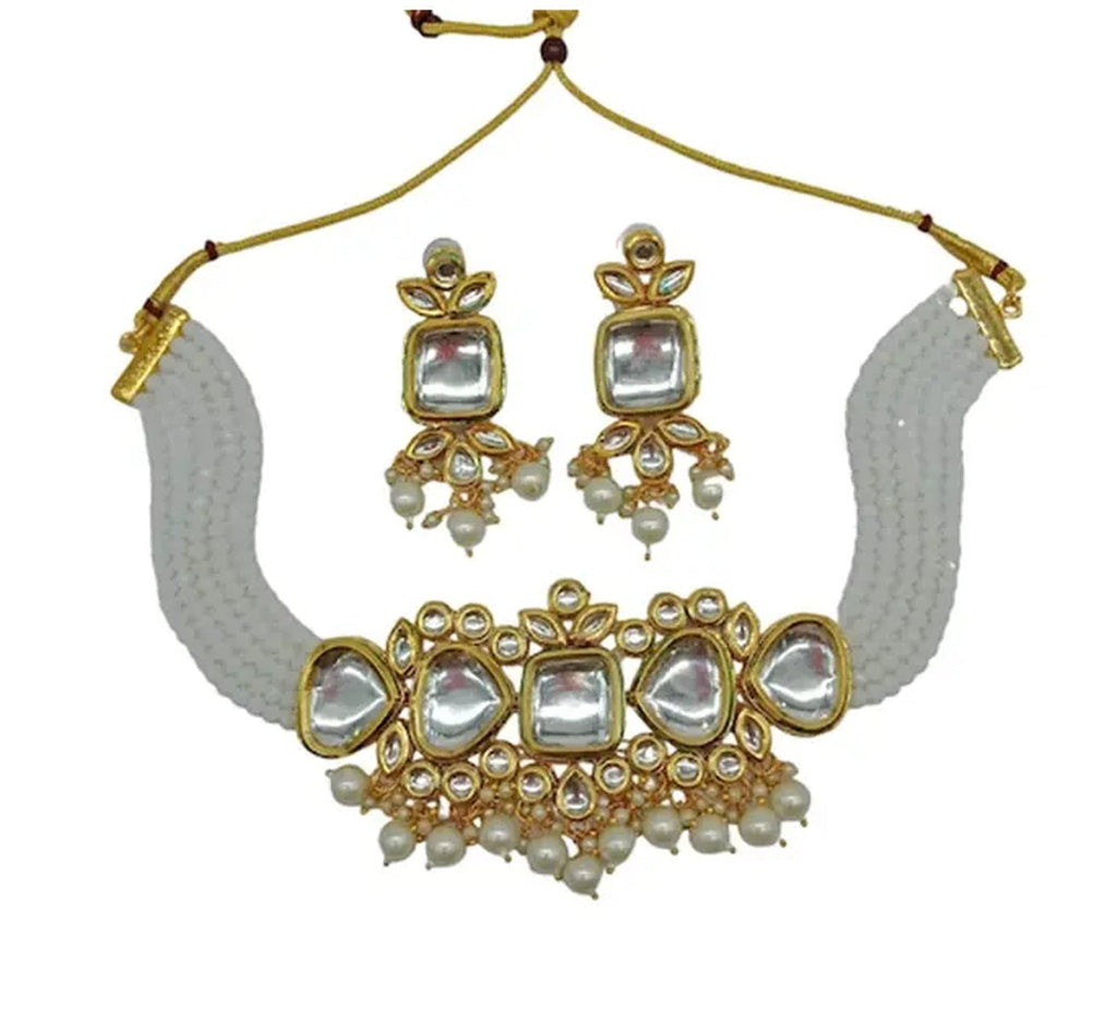 Jewel City Kundan Pearl Choker Necklace Set - Traditional Gold Plated Multi-Strand Pearl Jewelry with Earrings | Grocsy