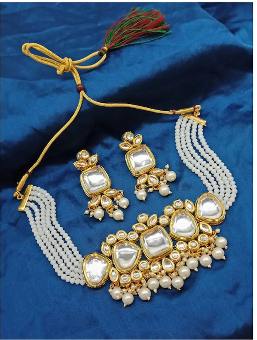 Jewel City Kundan Pearl Choker Necklace Set - Traditional Gold Plated Multi-Strand Pearl Jewelry with Earrings | Grocsy
