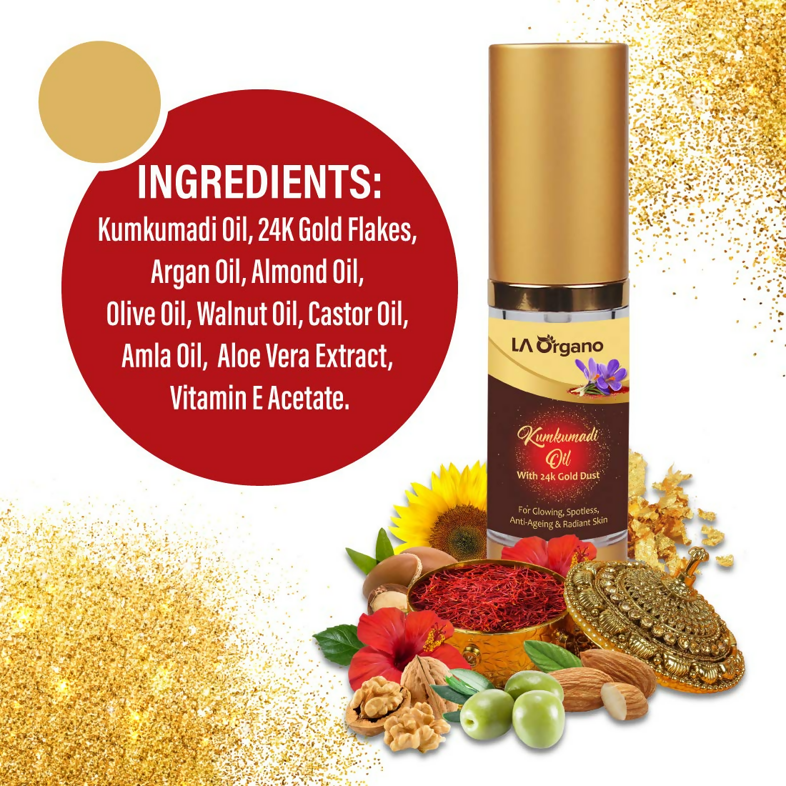 LA Organo Kumkumadi Oil Enriched with 24K Gold Dust | Grocsy