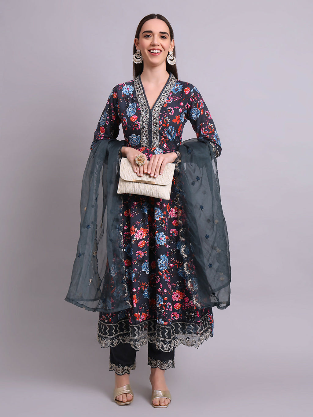 Joban Fashion Black Cotton Floral Printed & Embroidery Work Anarkali Kurta With Trousers & Dupatta Set | Grocsy