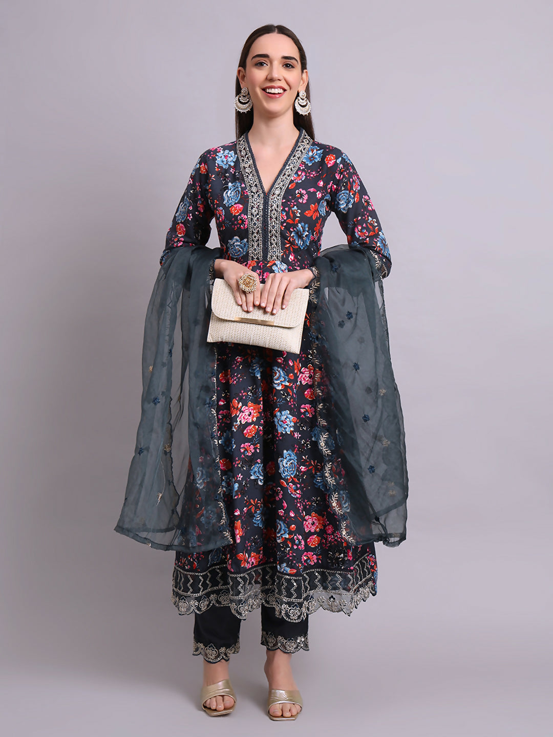 Joban Fashion Black Cotton Floral Printed & Embroidery Work Anarkali Kurta With Trousers & Dupatta Set | Grocsy