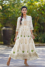 Juniper Womens Ivory Rayon Foil Printed Circular Maxi Dress With Mirror Embroidery | Grocsy
