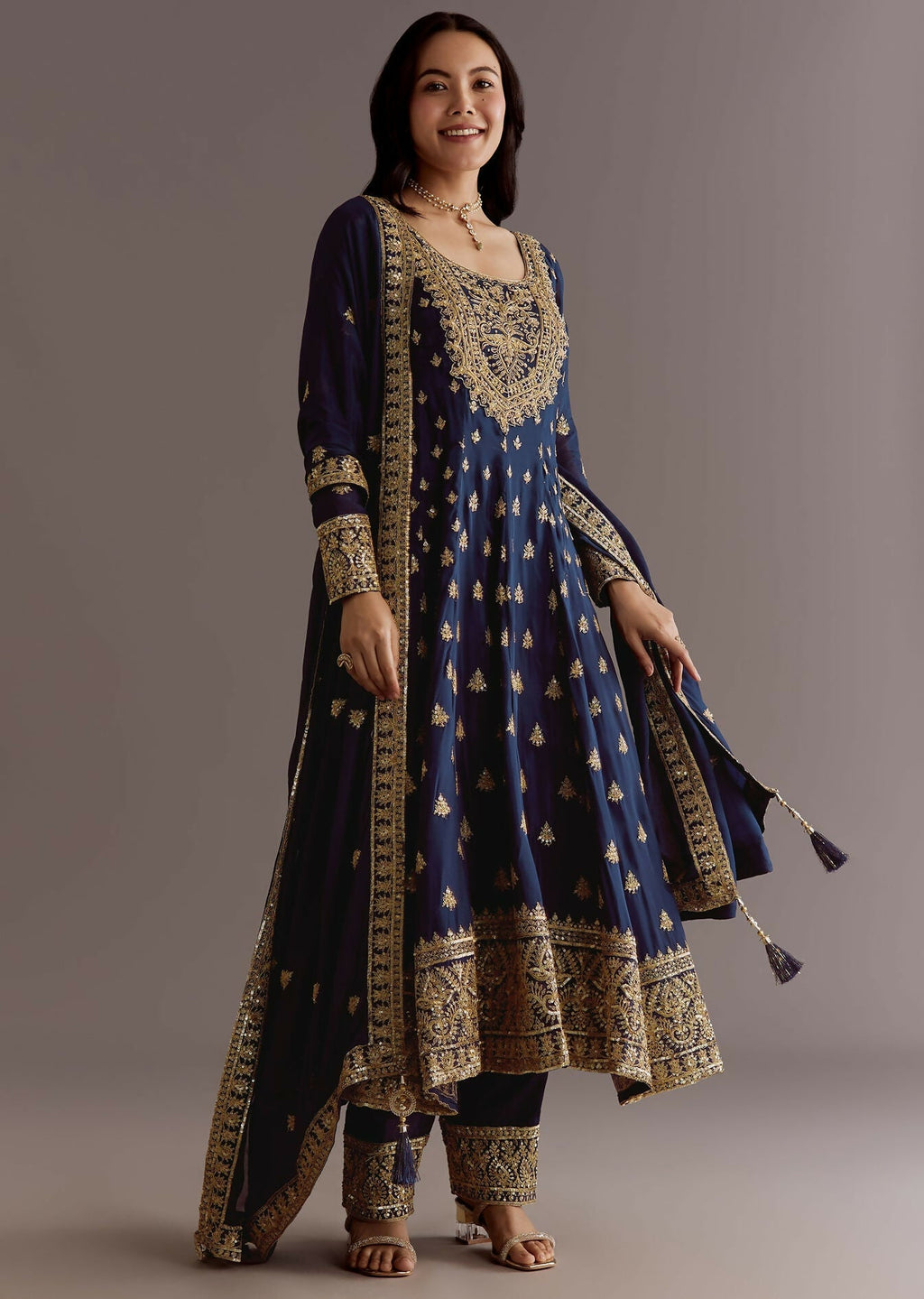 Teeya Creation Blue Color Chinnon Silk Embroidery Work Gown | Grocsy