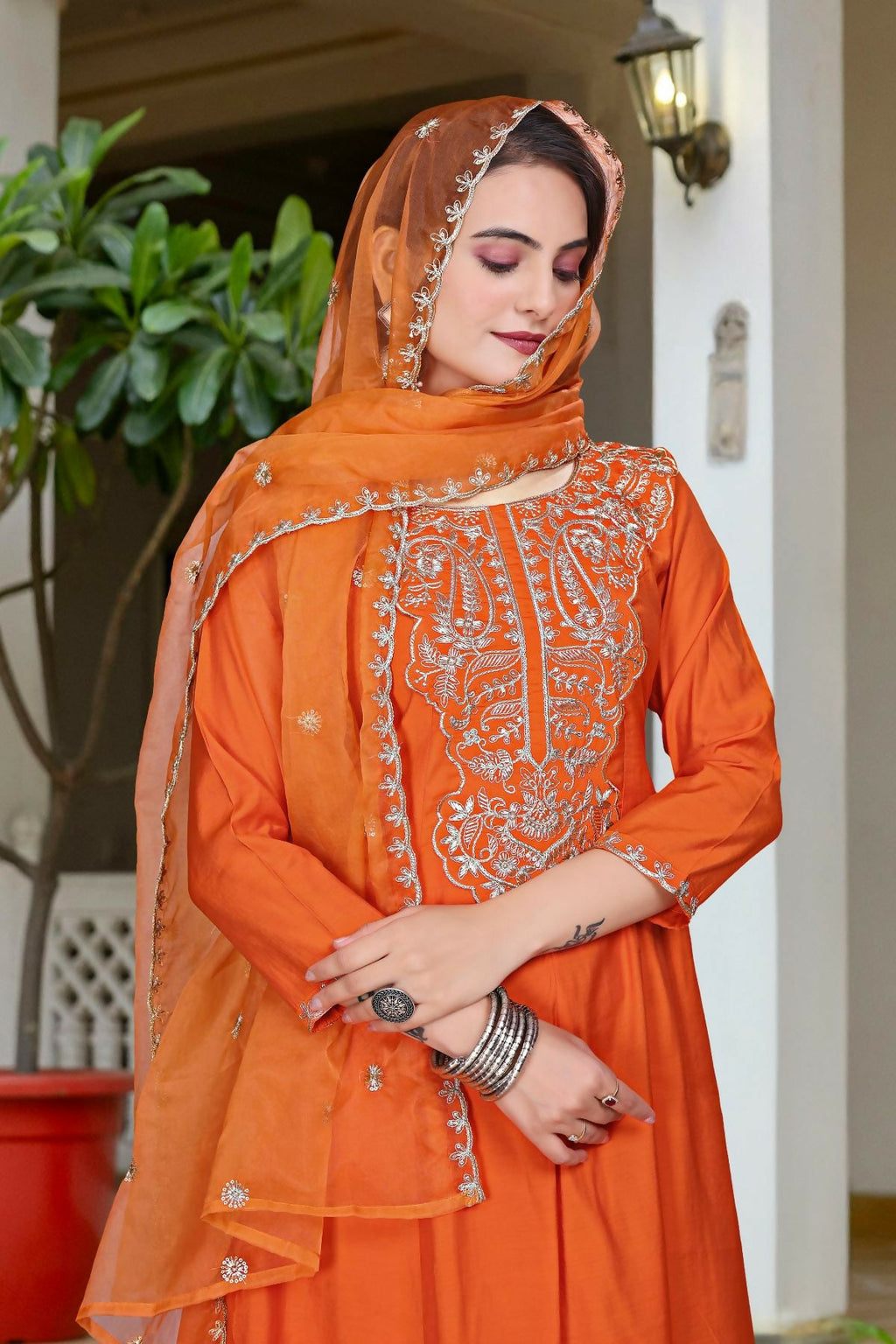 The52 Women's Beautiful Vichitra Fabric Embroidery Work Flared Anarkali Pant and Dupatta Set | Grocsy